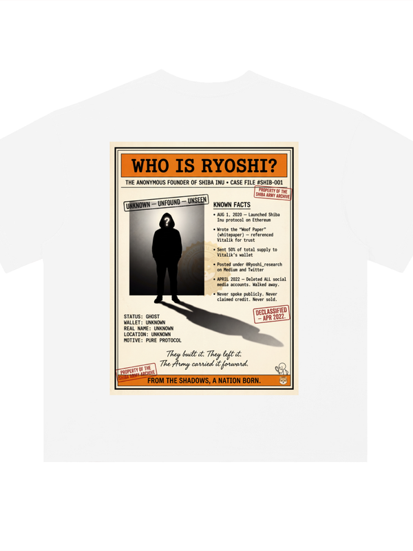 SHIB Who Is Ryoshi T-Shirt — Light Variant — Mr. Lined crypto streetwear