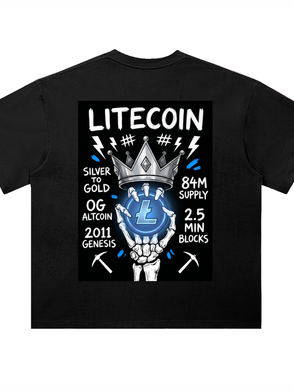 Litecoin T-Shirt — Skeleton Crown, OG Alt — Mr. Lined crypto streetwear