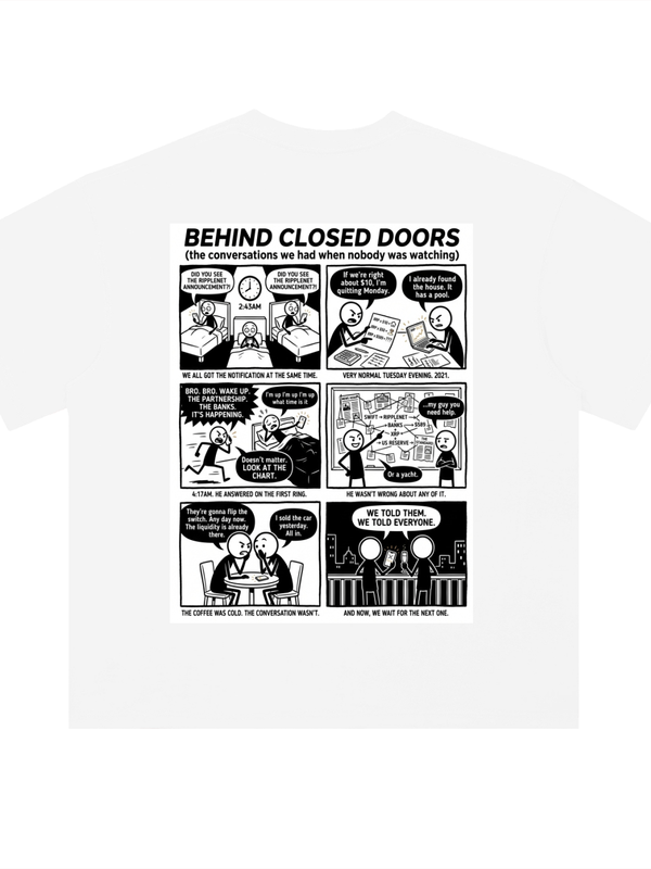 XRP Behind Closed Doors T-Shirt — White — Mr. Lined crypto streetwear