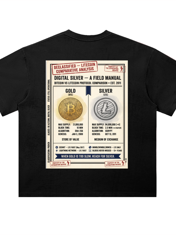 Litecoin T-Shirt — Digital Silver Field Manual — Mr. Lined crypto streetwear