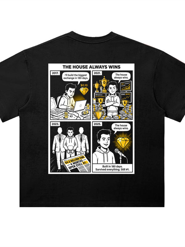 Binance The House Always Wins T-Shirt — CZ Timeline Dark Variant — Mr. Lined crypto streetwear