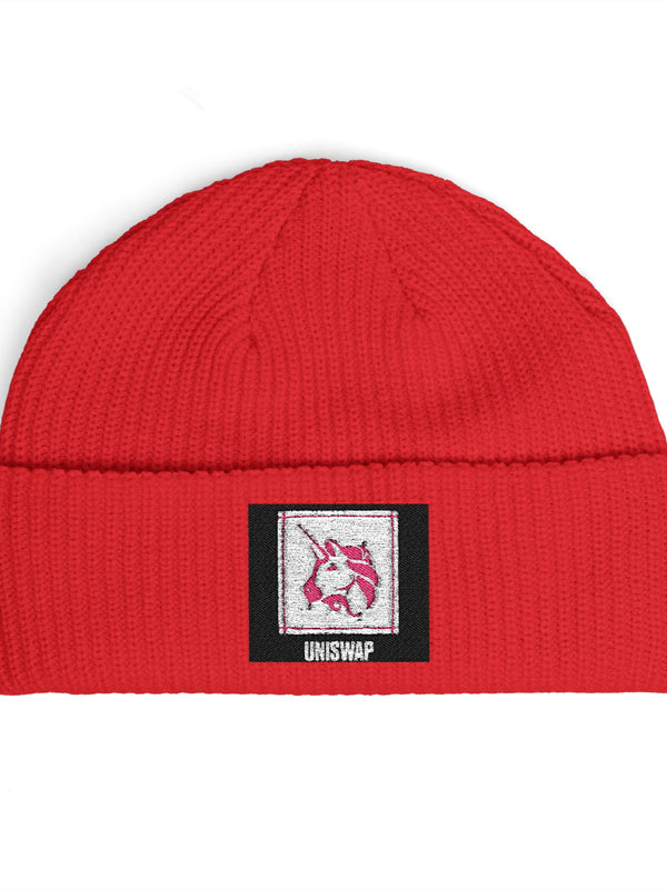 Uniswap Beanie — Unicorn Rose Patch — Mr. Lined crypto streetwear