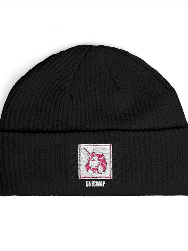 Uniswap Beanie — Unicorn Rose Patch — Mr. Lined crypto streetwear