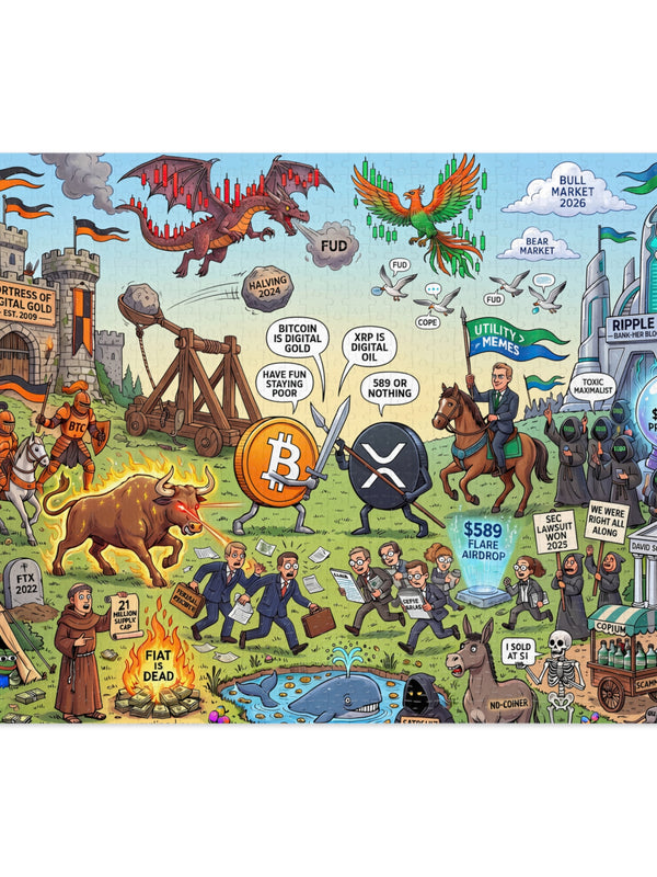 Crypto Jigsaw Puzzle — Bitcoin vs Ripple Battlefield — Mr. Lined crypto streetwear