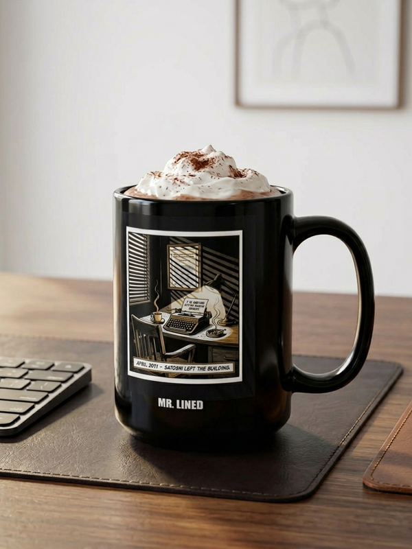 Bitcoin Mug — Satoshi Left April 2011 — Mr. Lined crypto streetwear