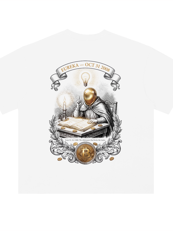 Bitcoin T-Shirt — Whitepaper Day Eureka Engraving — Mr. Lined crypto streetwear