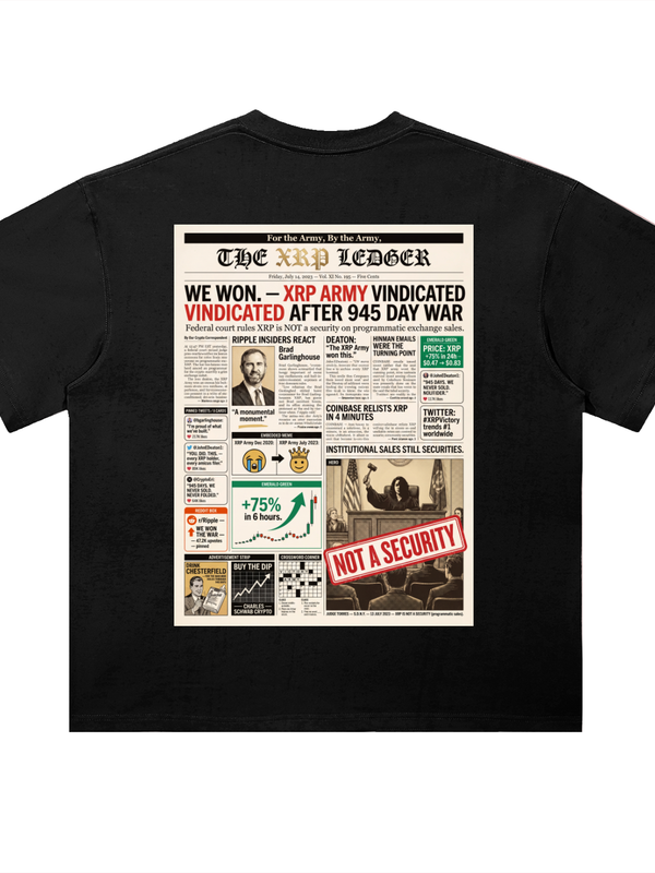 XRP T-Shirt — Vindicated, 945-Day War — Mr. Lined crypto streetwear