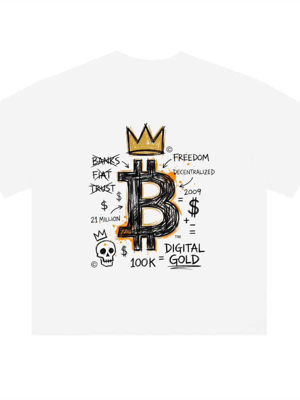 Bitcoin T-Shirt — 100K Digital Gold, Basquiat — Mr. Lined crypto streetwear