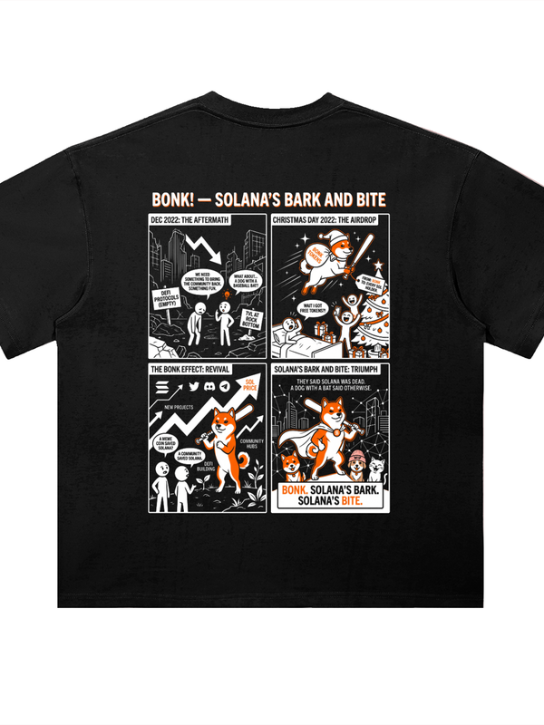 BONK Solana's Bark And Bite T-Shirt — Christmas 2022 Airdrop Dark Variant — Mr. Lined crypto streetwear