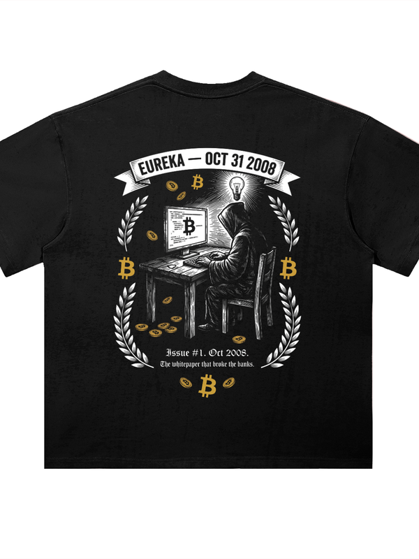 Bitcoin Whitepaper Day Eureka T-Shirt — October 31 2008 Dark Variant — Mr. Lined crypto streetwear