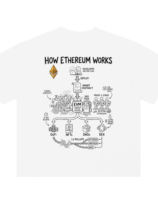 How Ethereum Works T-Shirt — White Variant — Mr. Lined crypto streetwear