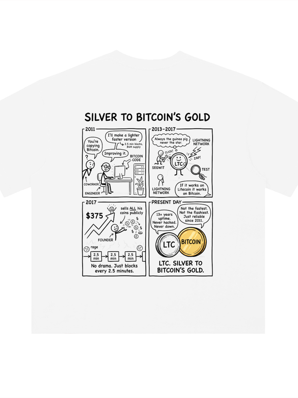 Litecoin Silver To Bitcoin's Gold T-Shirt — Comic Light — Mr. Lined crypto streetwear