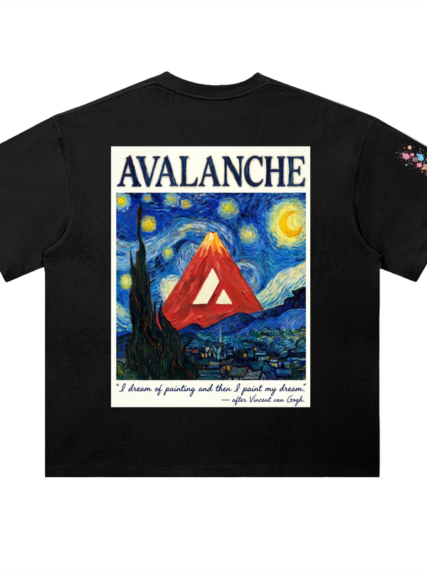 Avalanche AVAX Starry Night T-Shirt — Van Gogh Mountain Dark Variant — Mr. Lined crypto streetwear