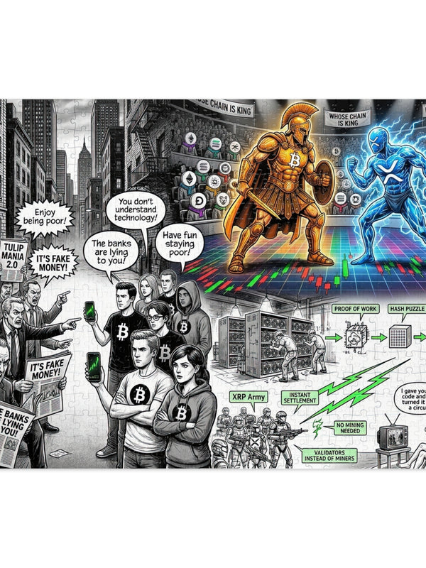 Crypto Jigsaw Puzzle — Bitcoin vs Banks Gladiator — Mr. Lined crypto streetwear