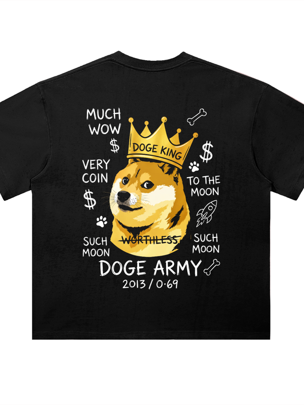 Dogecoin Doge King T-Shirt — Worthless Crossed Out 2013 Dark Variant — Mr. Lined crypto streetwear