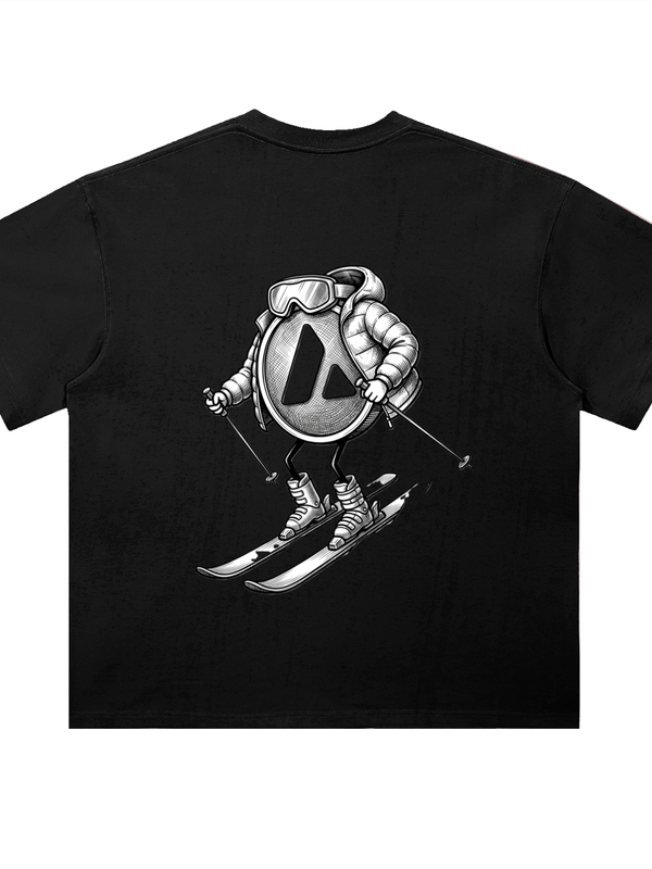 Avalanche AVAX Skier T-Shirt — Coin On Skis Dark Variant — Mr. Lined crypto streetwear