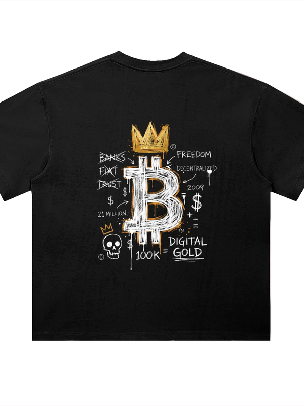 Bitcoin Basquiat 100K T-Shirt — Digital Gold Dark Variant — Mr. Lined crypto streetwear