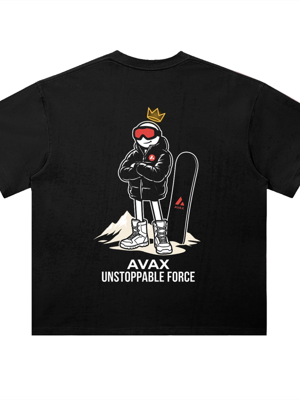 Avalanche AVAX Unstoppable Force T-Shirt — Crowned Snowboarder Dark Variant — Mr. Lined crypto streetwear