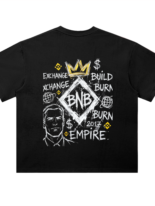 BNB Empire T-Shirt — Exchange Build Burn 2017 Dark Variant — Mr. Lined crypto streetwear