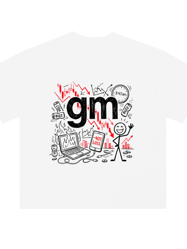 Crypto T-Shirt — GM, Down 40% at 3:47am — Mr. Lined crypto streetwear
