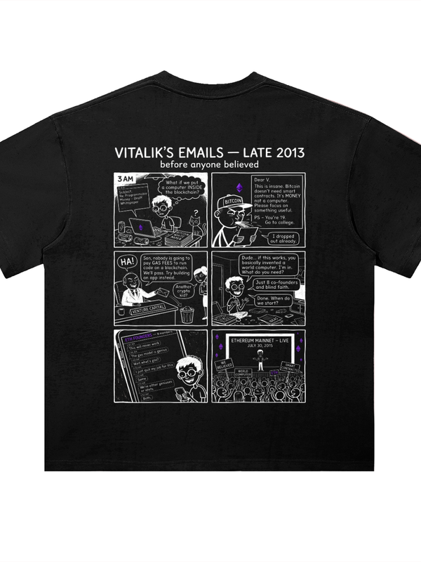 Vitalik's Emails Late 2013 T-Shirt — Dark Variant — Mr. Lined crypto streetwear