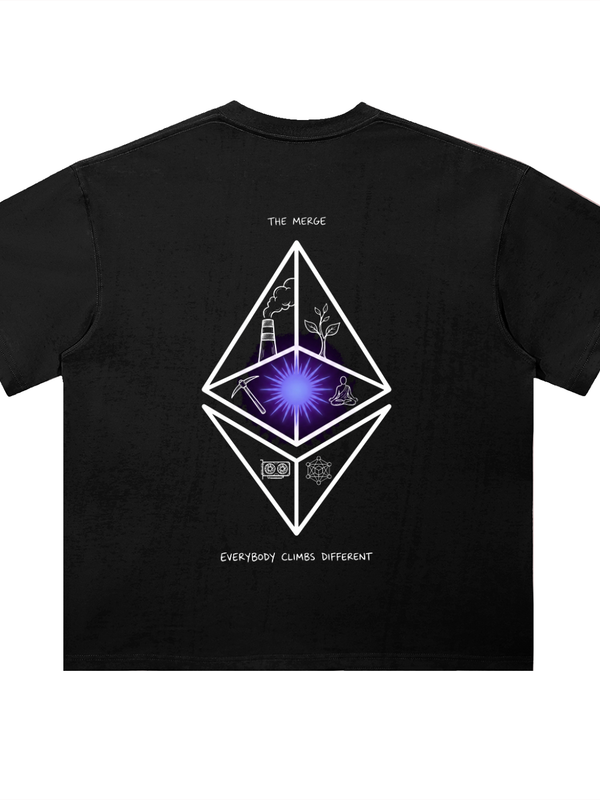Ethereum The Merge Everybody Climbs Different T-Shirt — Dark — Mr. Lined crypto streetwear