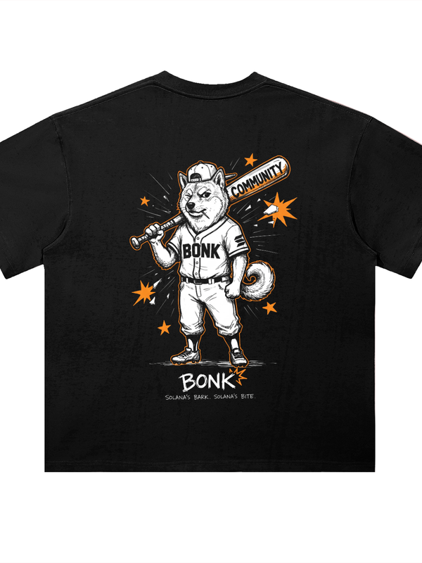 BONK Community Bat T-Shirt — Solana's Bark Solana's Bite Dark Variant — Mr. Lined crypto streetwear