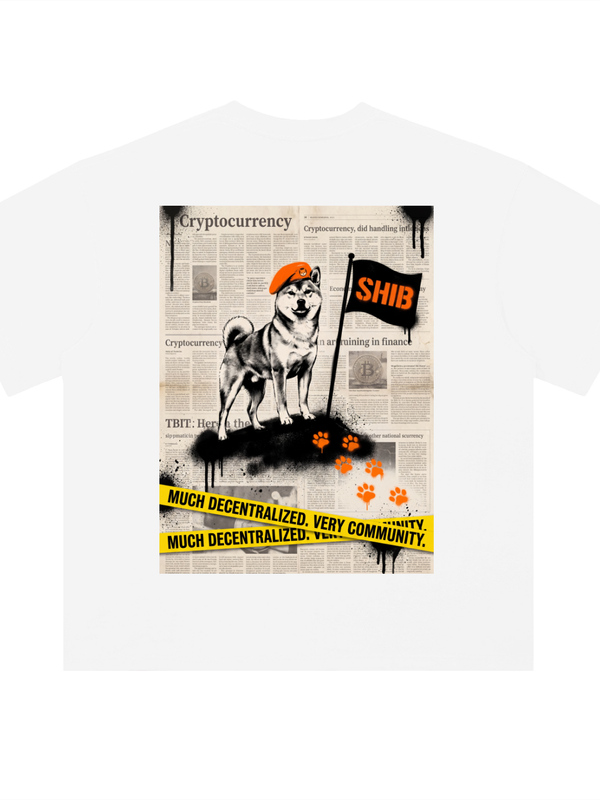 SHIB Much Decentralized Very Community T-Shirt — White Variant — Mr. Lined crypto streetwear