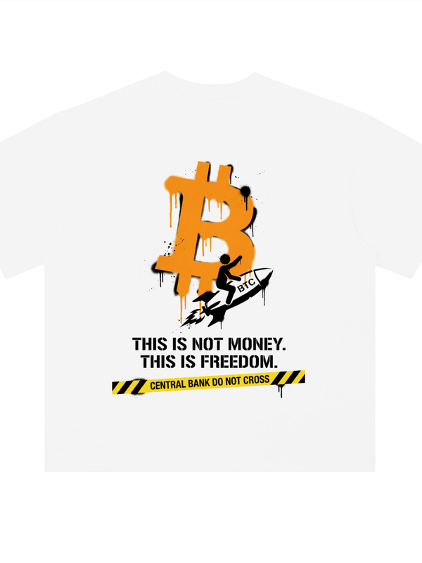 Bitcoin This Is Not Money This Is Freedom T-Shirt — Stickman Rocket Light Variant — Mr. Lined crypto streetwear
