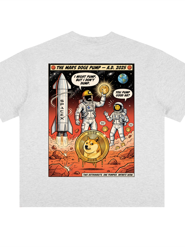 Dogecoin T-Shirt — Mars Doge Pump, Two Astronauts — Mr. Lined crypto streetwear