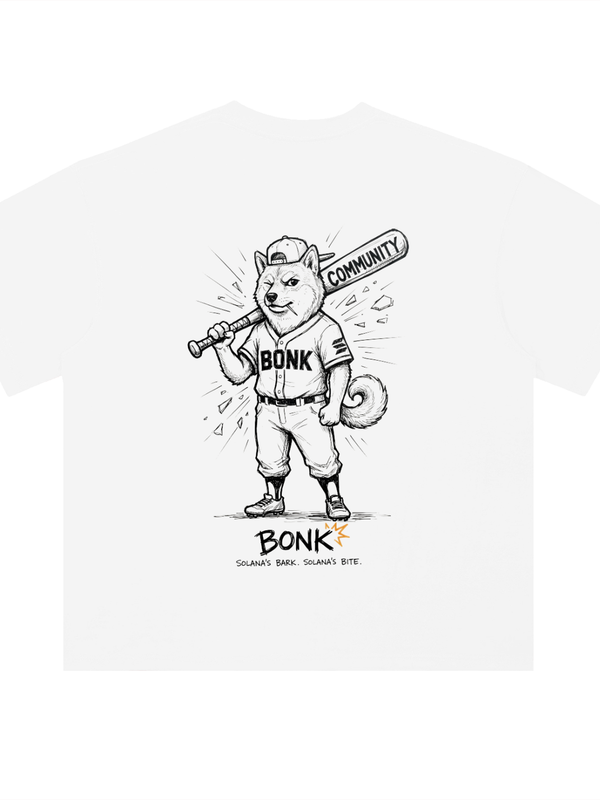 BONK T-Shirt — Community Bat, Solana's Bite — Mr. Lined crypto streetwear