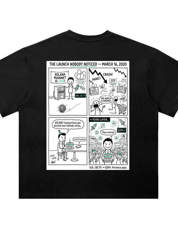 Solana Launch Nobody Noticed T-Shirt — March 16 2020 Black — Mr. Lined crypto streetwear