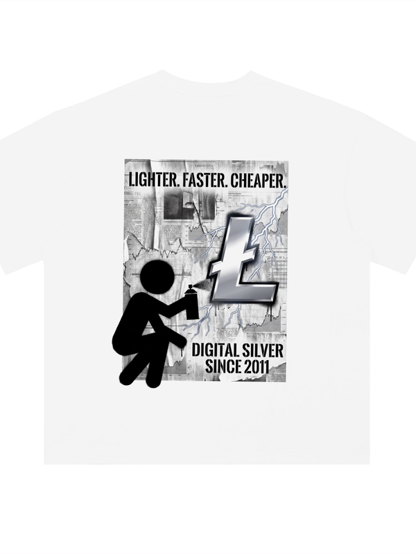 Litecoin Lighter Faster Cheaper T-Shirt — Digital Silver White — Mr. Lined crypto streetwear