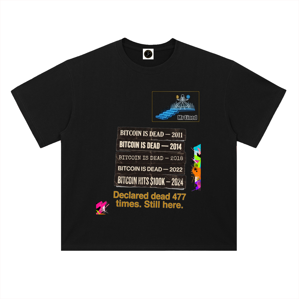 Bitcoin Declared Dead 477 Times T-Shirt — Still Here Pink Variant —  — Mr. Lined