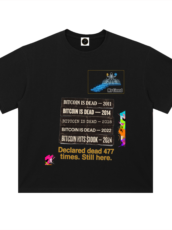 Bitcoin Declared Dead 477 Times T-Shirt — Still Here Pink Variant — Mr. Lined crypto streetwear