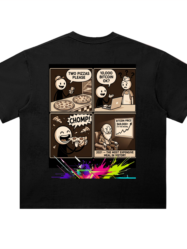 Bitcoin Pizza Day T-Shirt — The Most Expensive Meal In History Dark Variant — Mr. Lined crypto streetwear
