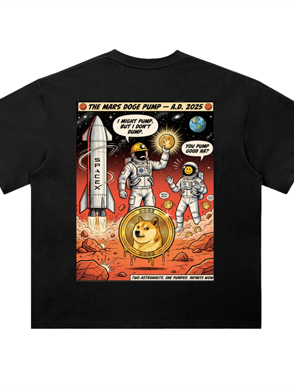 Dogecoin The Mars Doge Pump T-Shirt — Two Astronauts One Pumper Dark Variant — Mr. Lined crypto streetwear