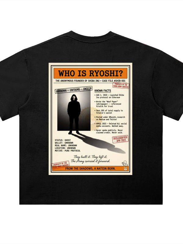 Shiba Inu T-Shirt — Who Is Ryoshi? — Mr. Lined crypto streetwear