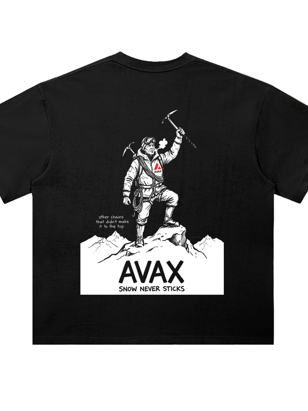 Avalanche AVAX Snow Never Sticks T-Shirt — Mountain Climber Dark Variant — Mr. Lined crypto streetwear