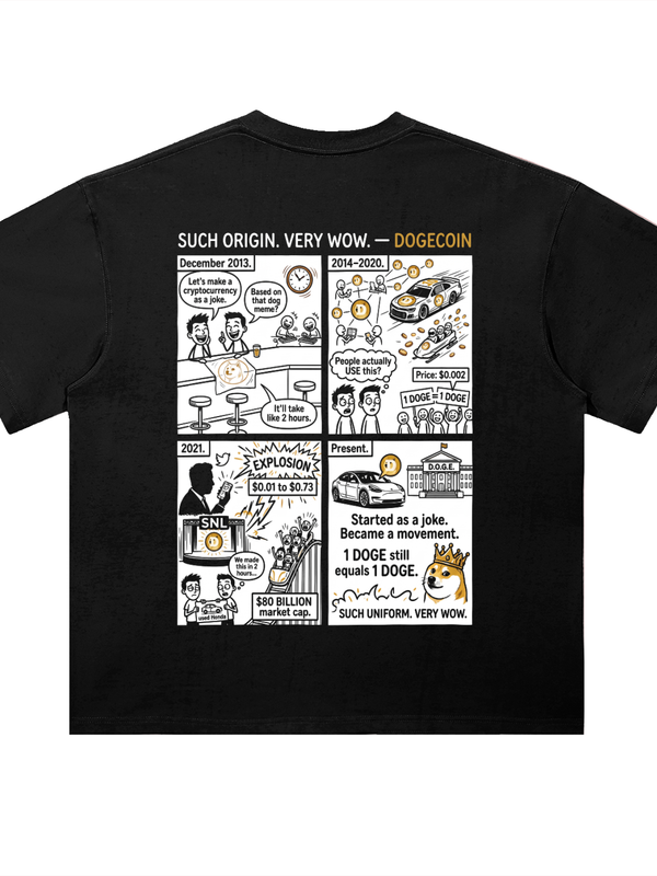 Dogecoin T-Shirt — Such Origin, From Joke to DOGE — Mr. Lined crypto streetwear