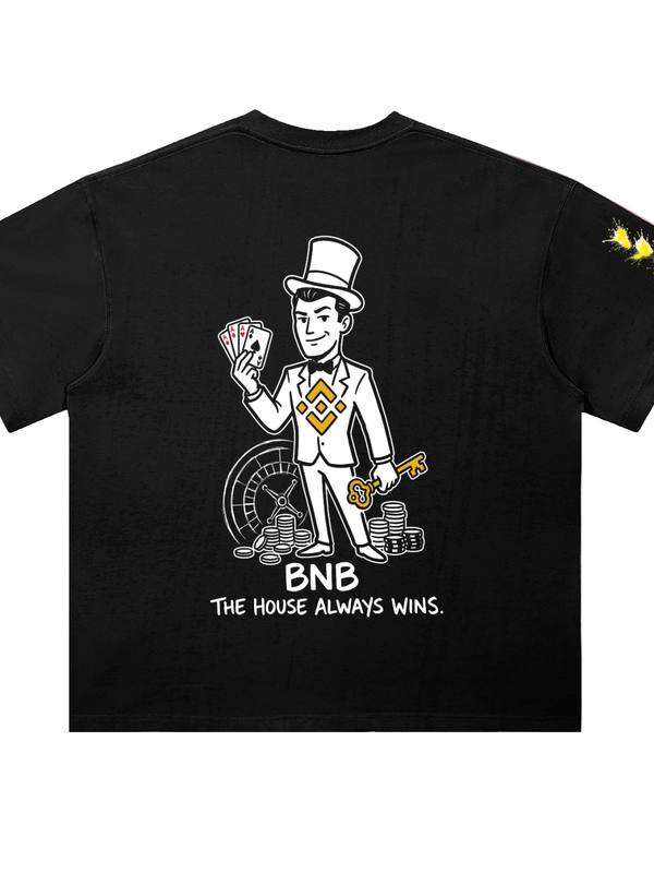 BNB The House Always Wins T-Shirt — Top Hat Magician Dark Variant — Mr. Lined crypto streetwear